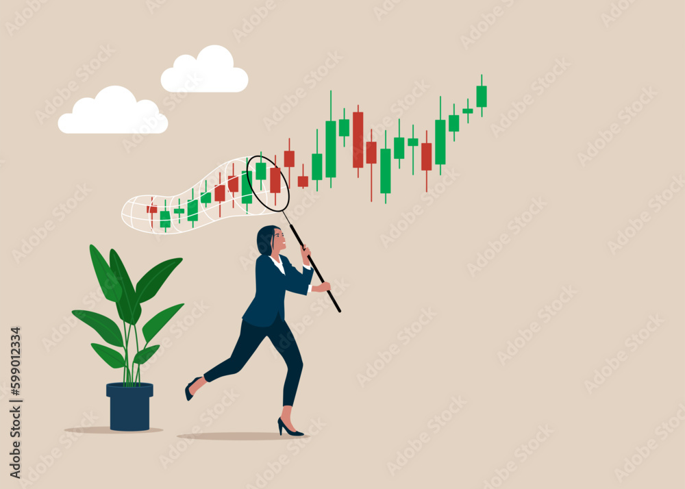 Businesswoman trying to catch candlestick chart business. Trader make profit with investment trading, stock market growth, get rich from Crypto trading. Vector illustration. Businesswoman trying to catch candlestick chart business. Trader make profit with investment trading, stock market growth, get rich from Crypto trading. Vector illustration.