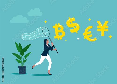 Businesswoman holding butterfly net catch dollar euro yuan bitcoin money growth wealth exchange. Flat vector illustration.
