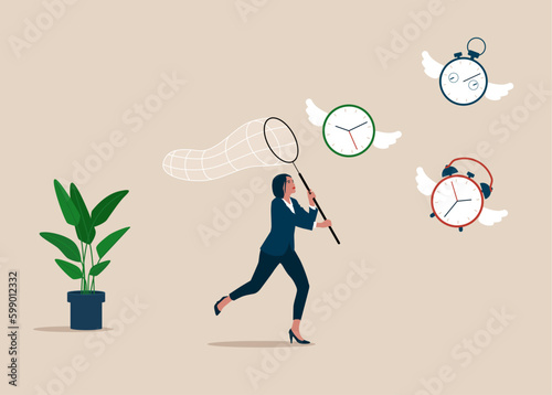 Businesswoman hurry chasing to catch flying away alarm clock and stop watch. Lack of time, countdown for work project deadline. Vector illustration.