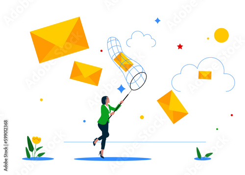 Woman catching mail with notification setting using butterfly net. Businesswoman character working using modern technology. Vector illustration.