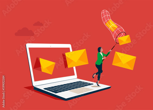 Businesswoman cathing mail with notification setting using butterfly net. Woman character working using modern technology, web protection. Vector illustration.