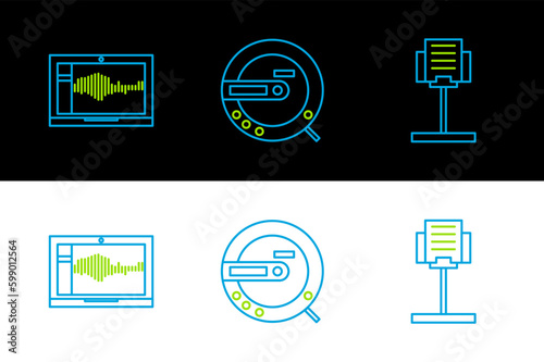 Set line Music stand, Sound or audio recorder on laptop and CD player icon. Vector