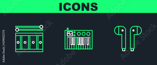 Set line Air headphones, Drum with drum sticks and Music synthesizer icon. Vector