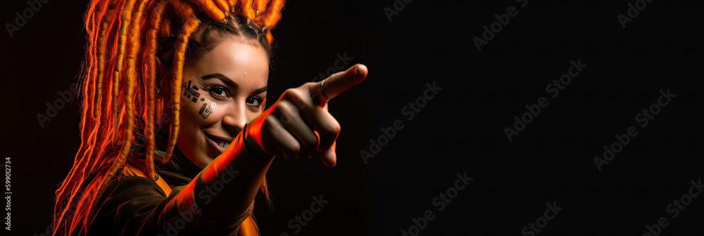 Portrait of a woman with dark orange dreadlocks pointing her index finger, banner on black background, generative ai illustration
