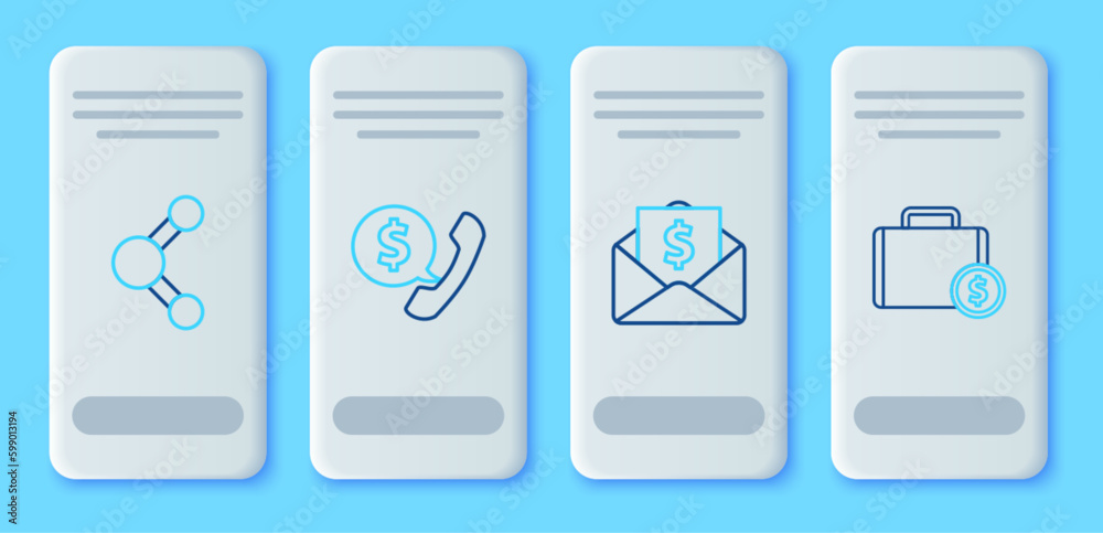 Set line Telephone handset and speech bubble chat, Envelope with coin dollar, Share and Briefcase money icon. Vector