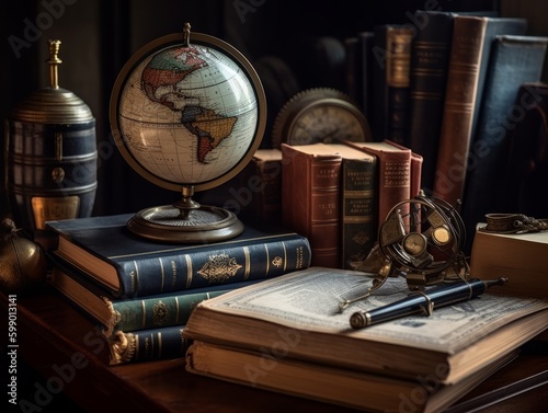 A globe and compass on a desk with a stack of books