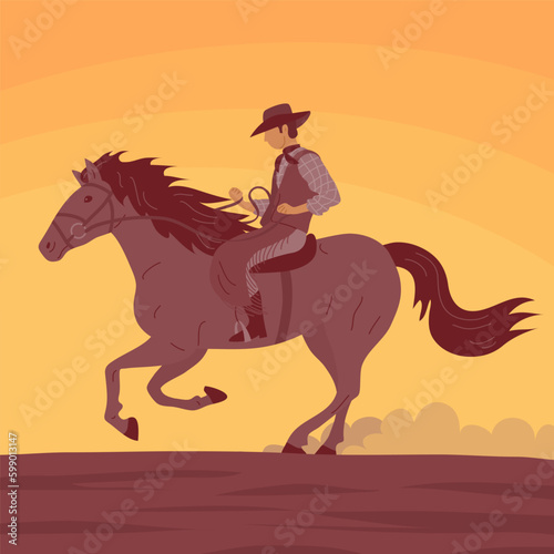 Cowboy man in a hat rides a horse. Desert and hot sunset. Wild West  western  rodeo and horse racing. Cartoon vector illustration