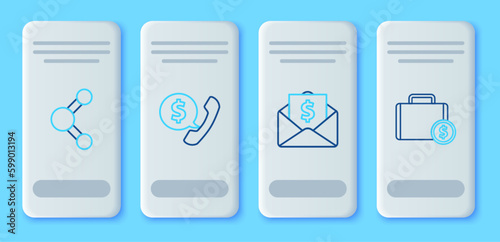 Set line Telephone handset and speech bubble chat, Envelope with coin dollar, Share and Briefcase money icon. Vector