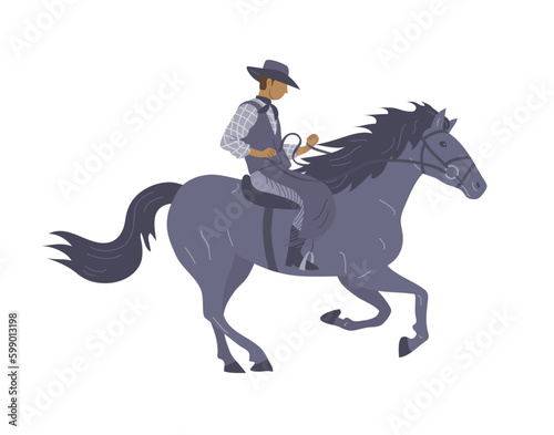 Cowboy man in a hat rides a horse. Wild West, western, rodeo and horse racing. Cartoon vector illustration isolated on white background