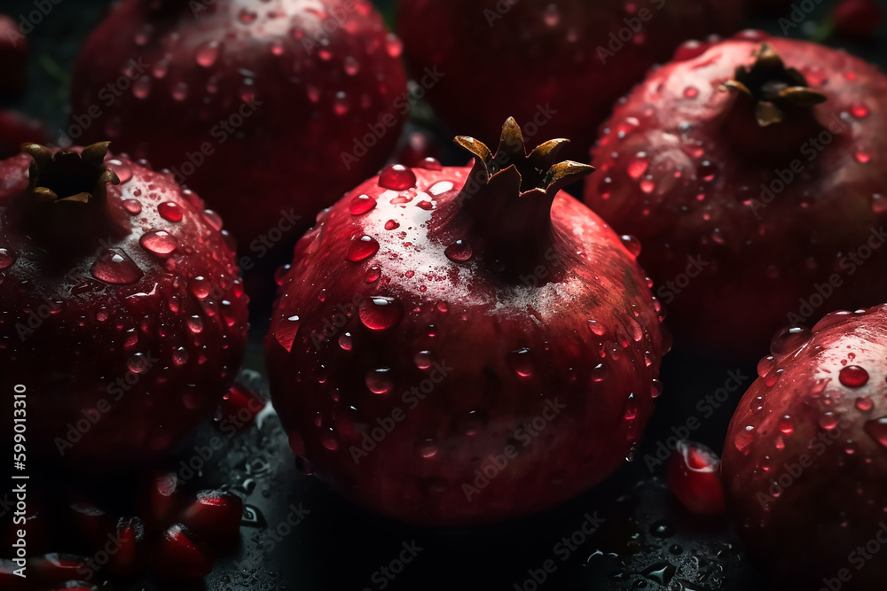 Pomegranate with water droplets