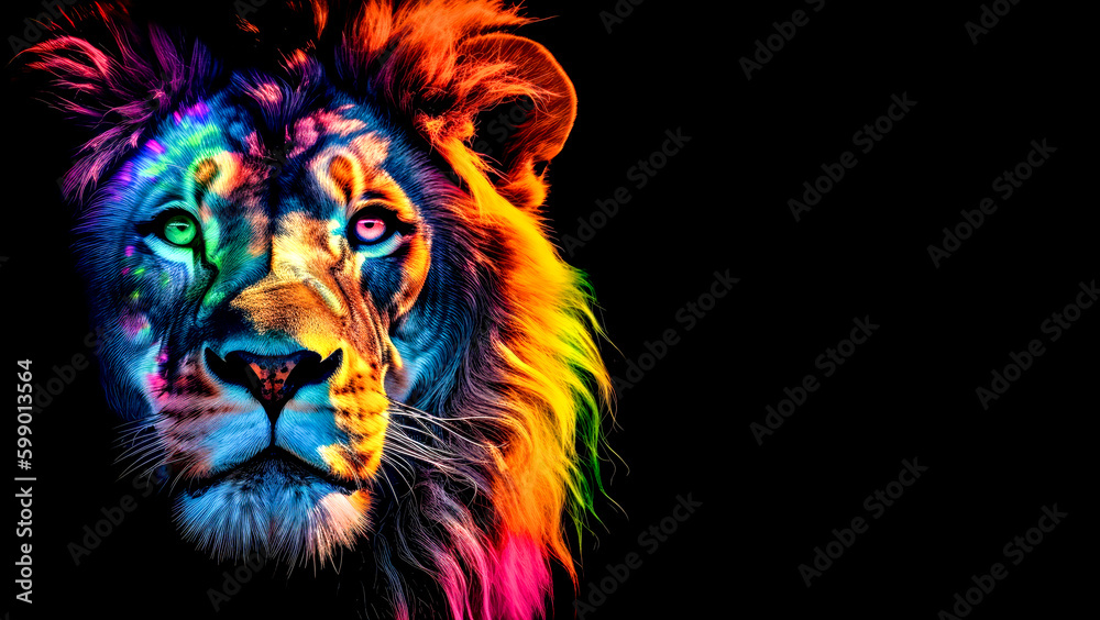 Portrait of a lion with colorful feathers on a black background. Generative AI.