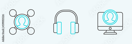 Set line Create account screen, Share and Headphones icon. Vector