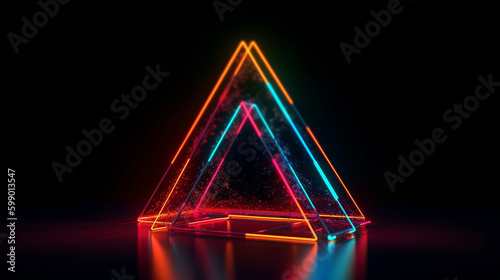 Luminescent Abstract Neon Triangles in Triangular Shapes with Rainbow Colors on Black Background - Generative AI