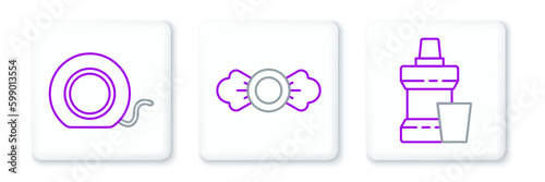 Set line Mouthwash plastic bottle, Dental floss and Candy icon. Vector