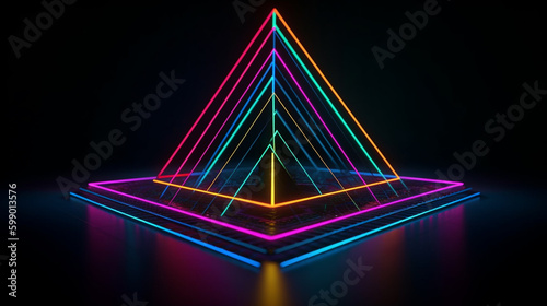 Luminescent Abstract Neon Triangles in Triangular Shapes with Rainbow Colors on Black Background - Generative AI