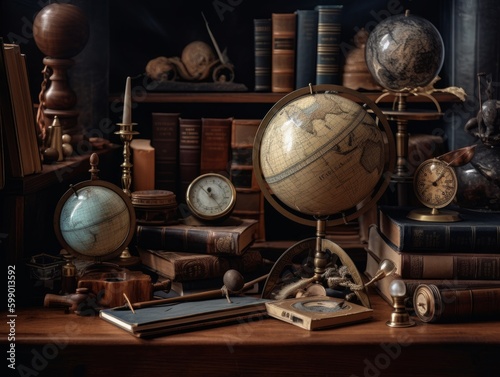 A globe and compass on a desk with a stack of books