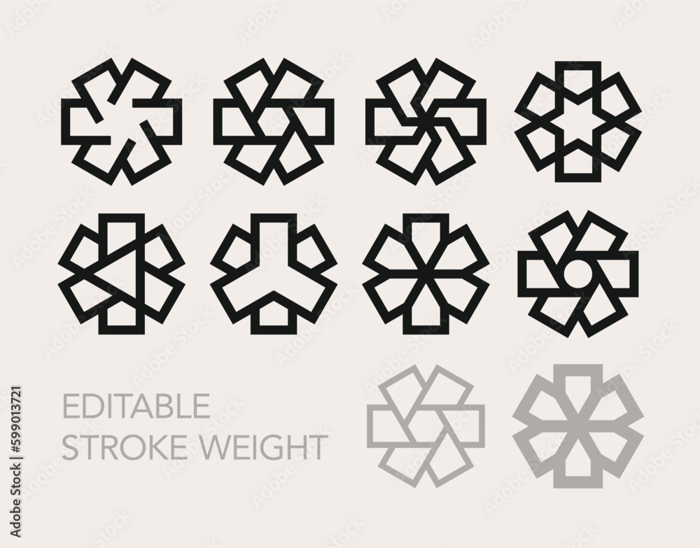 Set of trendy geometric minimal vector logo elements designs template for company branding. Editable outline. Set of trendy geometric minimal vector logo elements designs template for company branding. Editable outline.