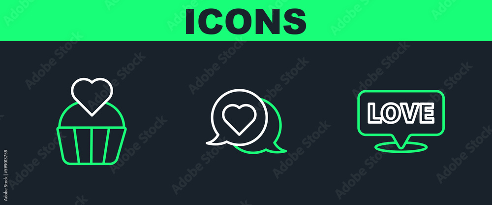 Set line Speech bubble with text love, Wedding cake heart and Heart speech icon. Vector Set line Speech bubble with text love, Wedding cake heart and Heart speech icon. Vector