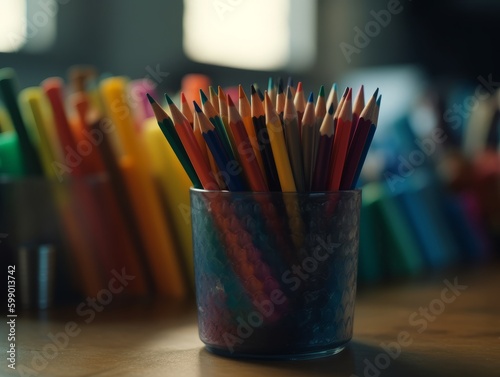 A pencil holder with pencils and colorful markers on a desk