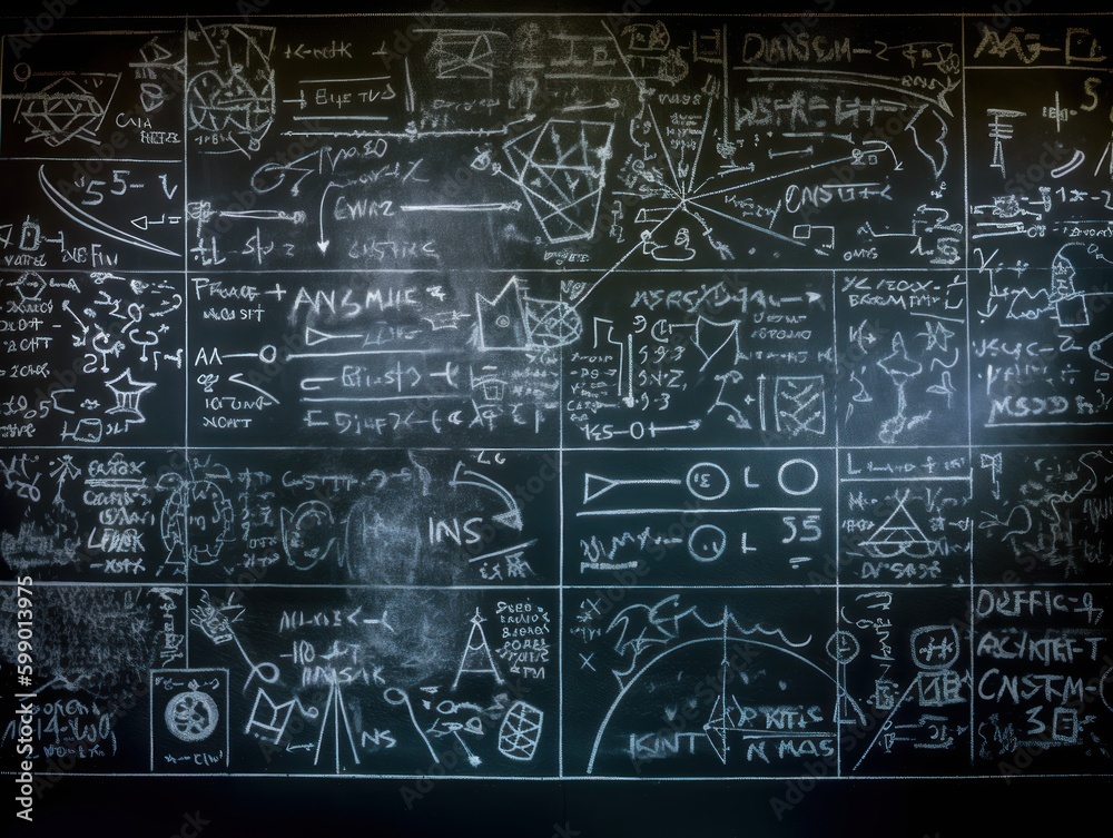 A chalkboard with math equations and diagrams