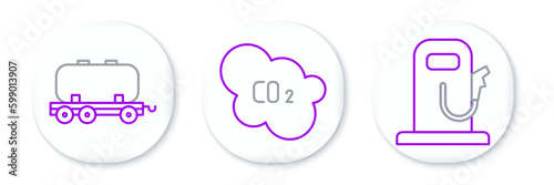 Set line Petrol or gas station, Oil railway cistern and CO2 emissions in cloud icon. Vector