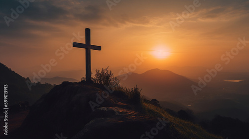 cruz no alto da montanha em por do sol, simbolo da ressurreição de cristo, fé crista 