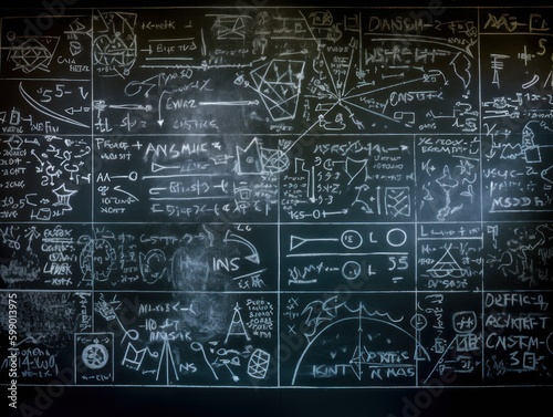 A chalkboard with math equations and diagrams