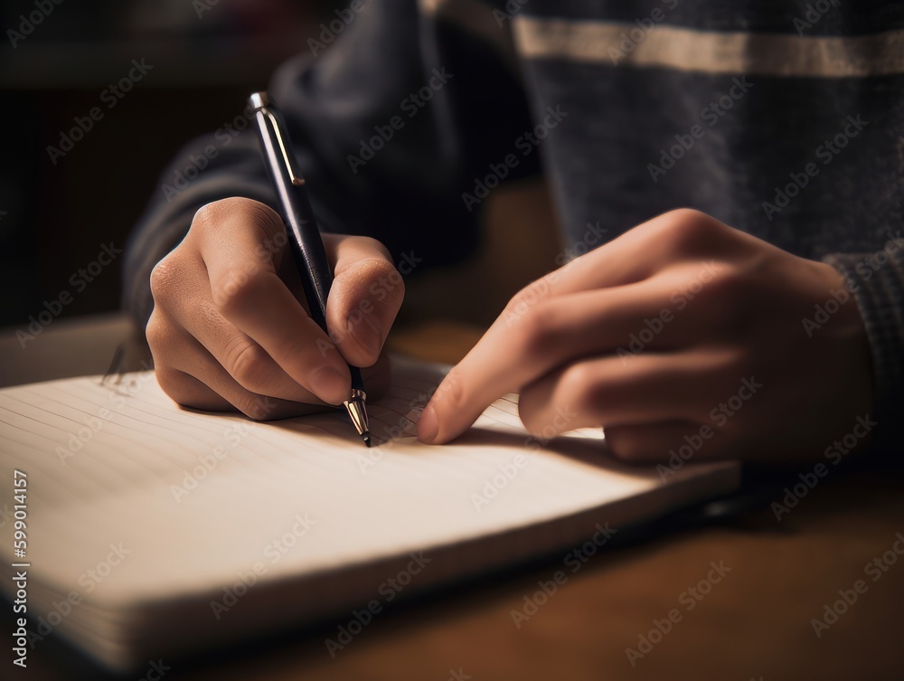 A close-up of hands taking notes with a pen and notebook
