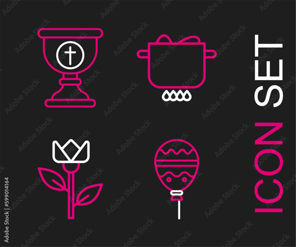 Set line Balloons with ribbon, Flower tulip, Egg in hot pot and Christian chalice icon. Vector Set line Balloons with ribbon, Flower tulip, Egg in hot pot and Christian chalice icon. Vector