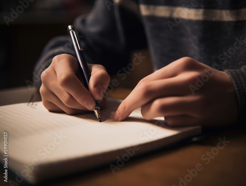 A close-up of hands taking notes with a pen and notebook