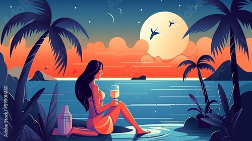 Mulher na praia com coquetel. Turista relaxa com bebida na mão no resort. Férias e férias em tropical © Alexandre