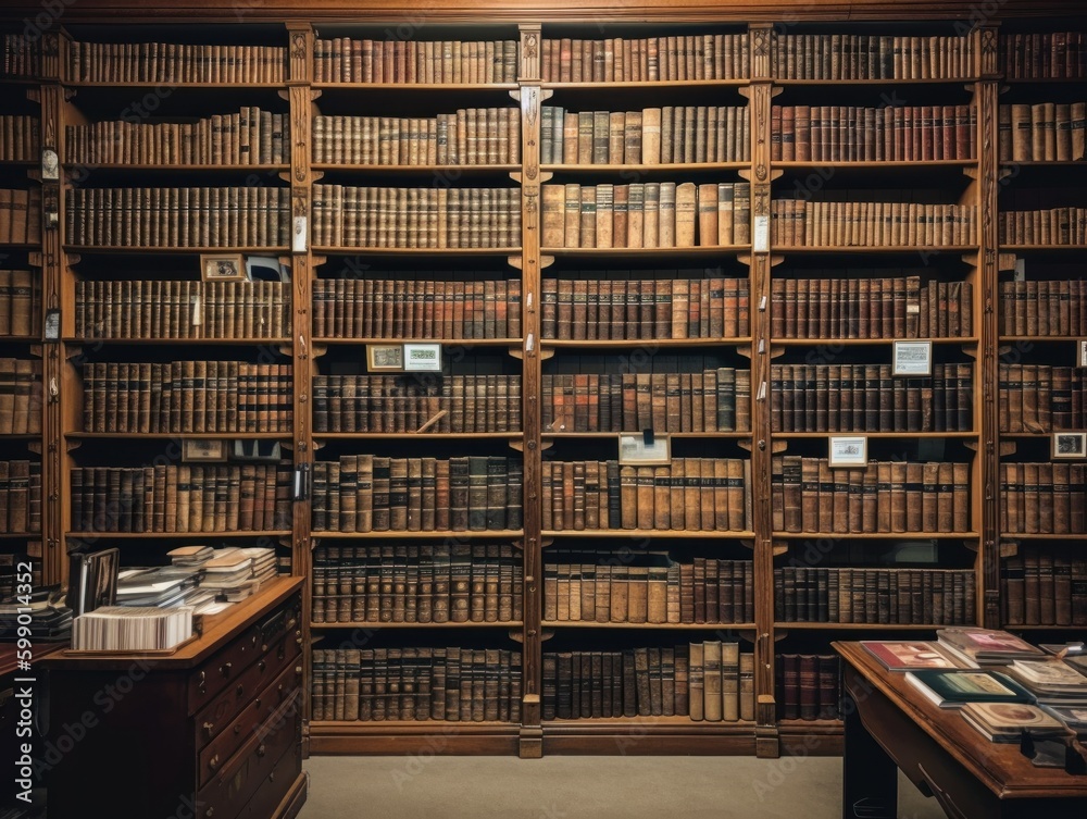 A library bookshelf filled with books and reference materials