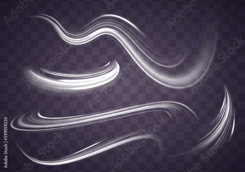 Abstract foam, sparkling wave. Wind vortex blow with snowflakes. Curve light effect of white line. Luminous white circle.