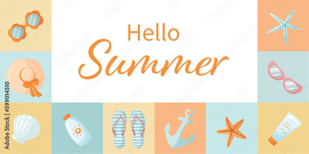 Fototapeta premium Nautical summer collage with various beach elements. Bright beach banner with sunglasses, seashells, sun cream, anchor and flip flops. Hello summer text. Template for summer events
