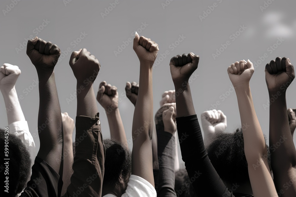 Hand fists of multiethnic people rising up to the sky. Unrecognizable ...