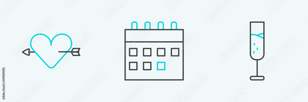 Set line Glass of champagne, Amour with heart and arrow and Calendar icon. Vector Set line Glass of champagne, Amour with heart and arrow and Calendar icon. Vector