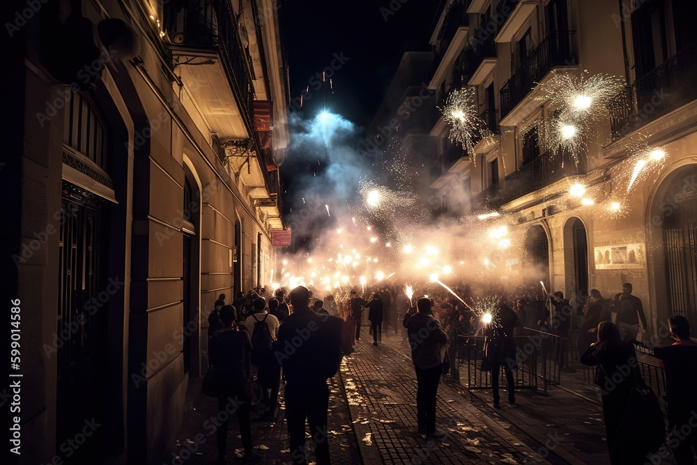 People celebrating new year in the streets of European town at night with fireworks. Generative AI People celebrating new year in the streets of European town at night with fireworks. Generative AI