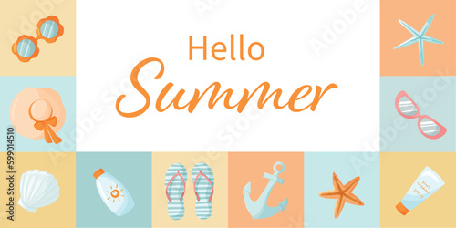 Nautical summer collage with various beach elements. Bright beach banner with sunglasses, seashells, sun cream, anchor and flip flops. Hello summer text. Template for summer events