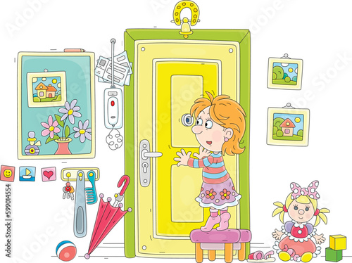 Funny little girl looking at a guest through a peephole of a front door with an intercom in a home hallway with a mirror, toys and household things, vector cartoon illustration isolated on white