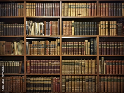 A library bookshelf filled with books and reference materials