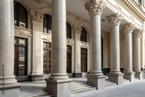 Courthouse columns. Classical building façade with stone and marble. Greek Style Columns Row. Generative AI