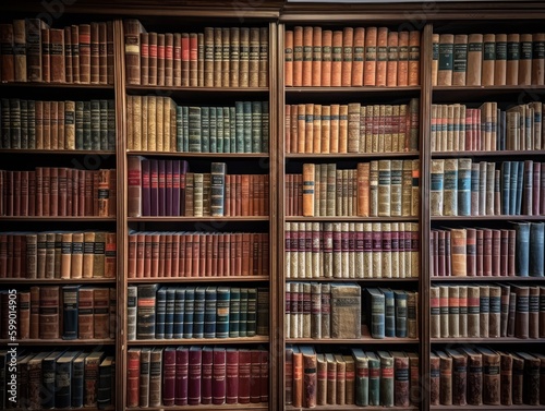 A library bookshelf filled with books and reference materials