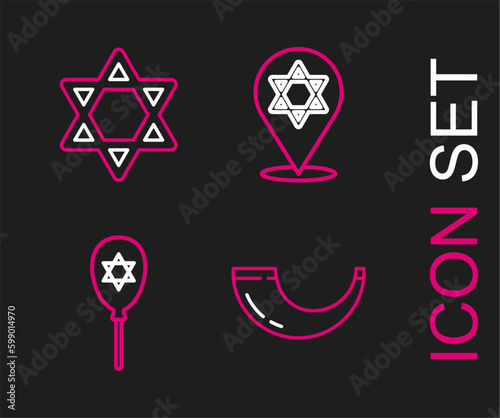 Set line Traditional ram horn, shofar, Balloon with star david, Star David and icon. Vector