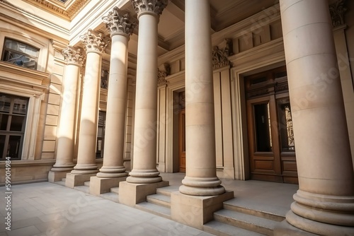 Courthouse columns. Classical building fa  ade with stone and marble. Greek Style Columns Row. Generative AI