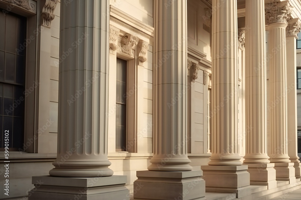 Courthouse columns. Classical building façade with stone and marble. Greek Style Columns Row. Generative AI Courthouse columns. Classical building façade with stone and marble. Greek Style Columns Row. Generative AI