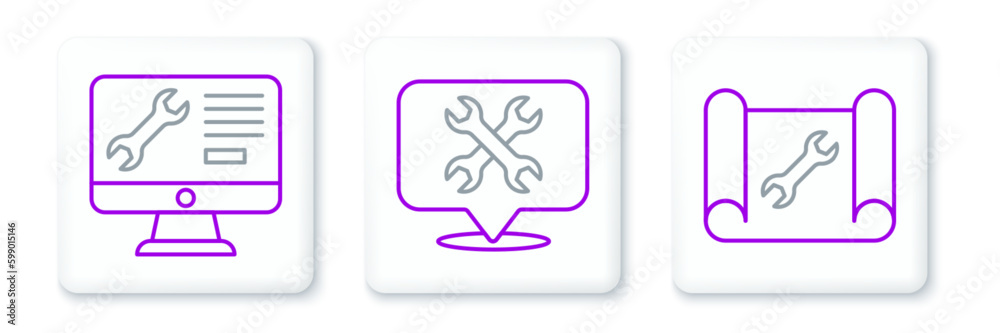 Set line Graphing paper and wrench, Computer monitor service and Location with icon. Vector Set line Graphing paper and wrench, Computer monitor service and Location with icon. Vector