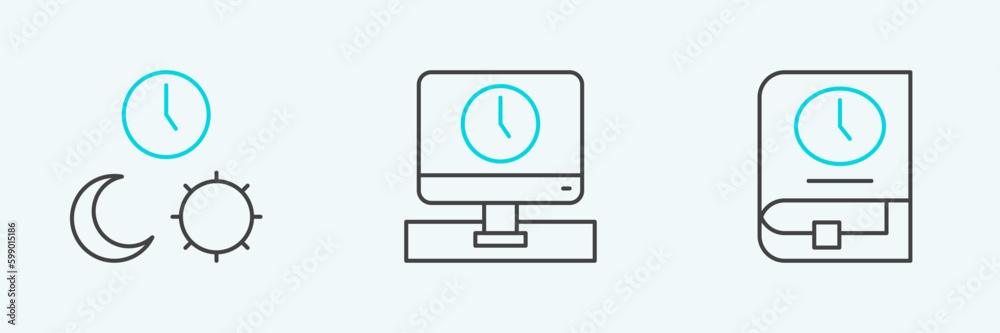 Set line Time for book, Day and night with time and Monitor icon. Vector Set line Time for book, Day and night with time and Monitor icon. Vector