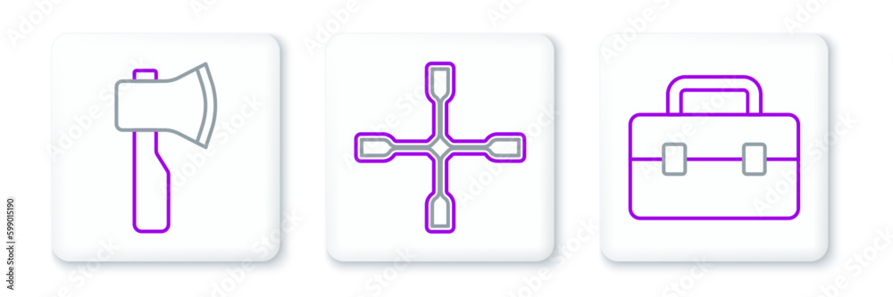 Set line Toolbox, Wooden axe and Wheel wrench icon. Vector Set line Toolbox, Wooden axe and Wheel wrench icon. Vector