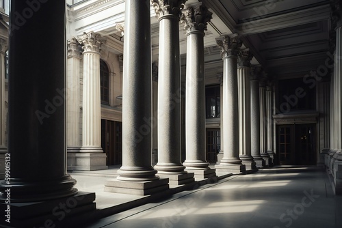 Courthouse columns. Classical building façade with stone and marble. Greek Style Columns Row. Generative AI
