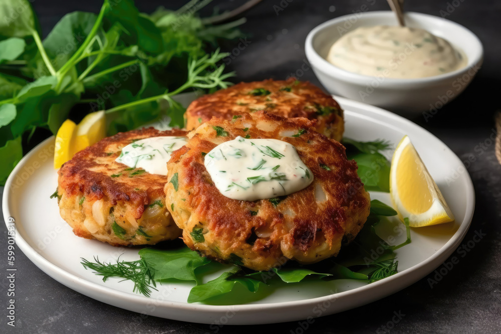 Salmon Cakes With Lemon Dill Sauce On White Plate. Generative AI Salmon Cakes With Lemon Dill Sauce On White Plate. Generative AI